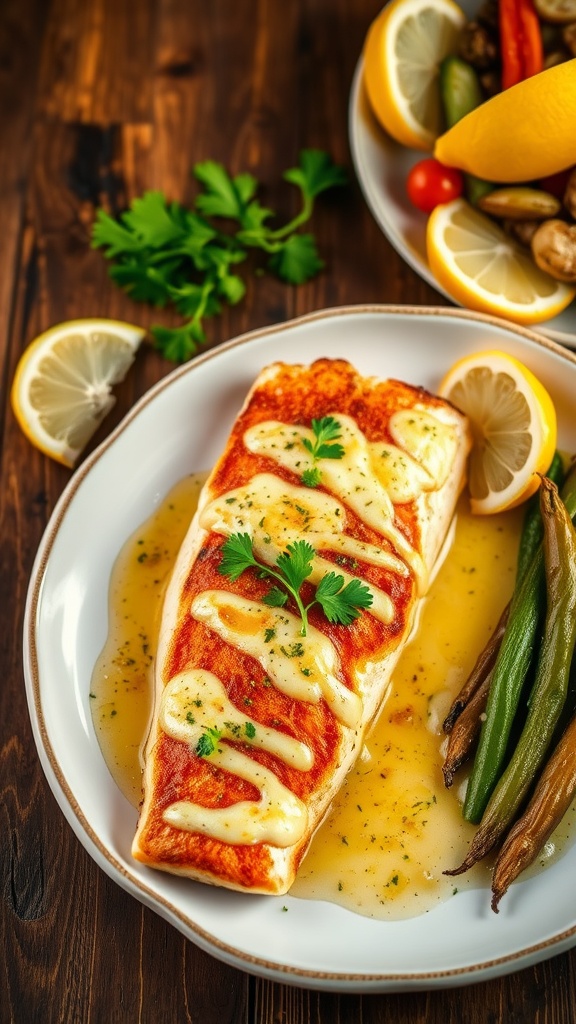 Golden-brown tilapia fillet with lemon-garlic sauce, garnished with parsley, served with vegetables on a rustic table.